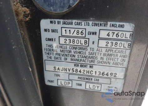 1987 Jaguar Xjs z USA, uszkodzony, nr VIN SAJNV5842HC136492